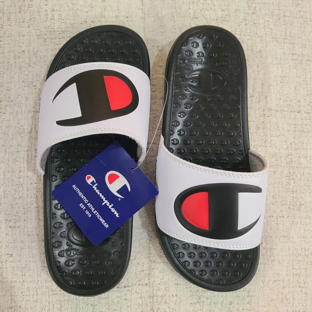 NEW Champion Little Boy Girls Slide Sandals Sz 4 Black White Lightweight Slip On